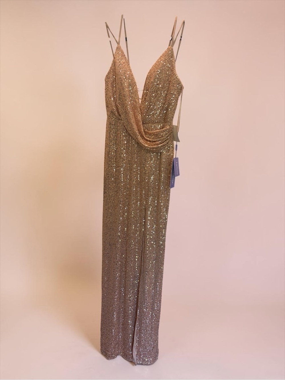 Gold Sequin Draped V-Neck Prom Dress with Double Spaghetti Straps
